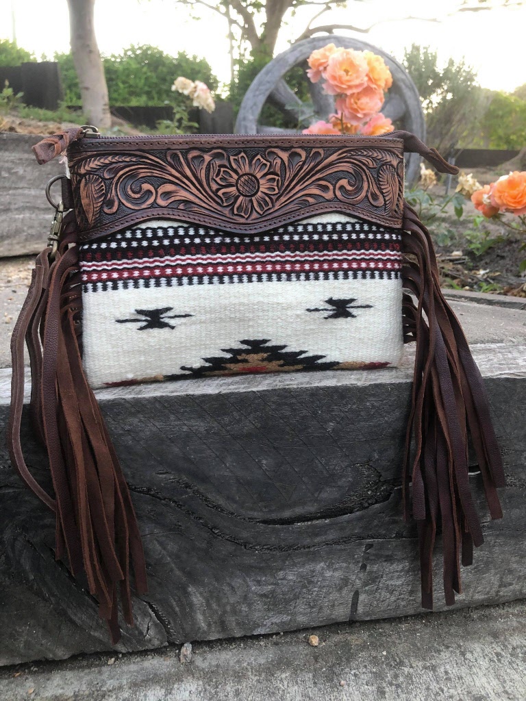Ladies Aztec Blanket and Tooled Leather Clutch with Fringe | Western ...