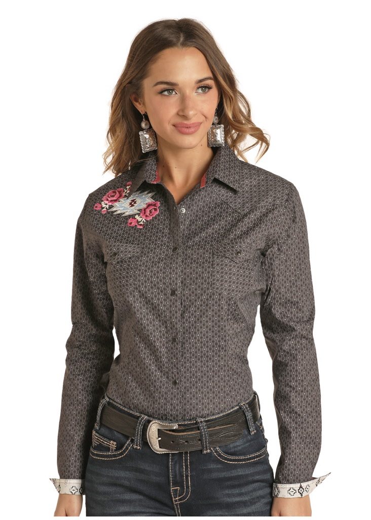 Ladies Panhandle Slim Aztec and Roses Embroidered Shirt | Western World ...